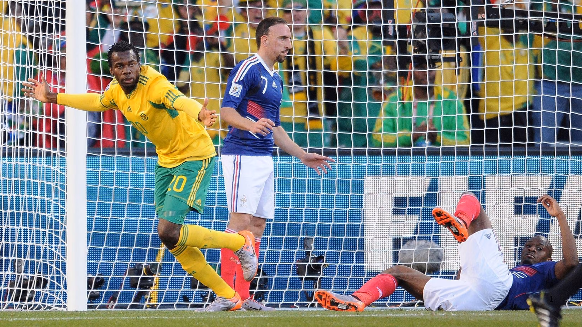 Bongani Khumalo celebrates his goal against France at the 2010 World Cup. 