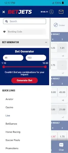 BetJets bet generator tool showing R49 stake, R133 payout.