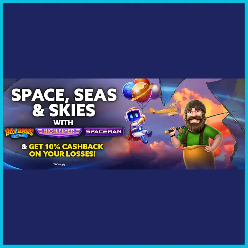 Lulabet Space, Sea & Skies Cashback promotional banner depicting Pragmatic Play crash games like Spaceman and Big Bass Crash.