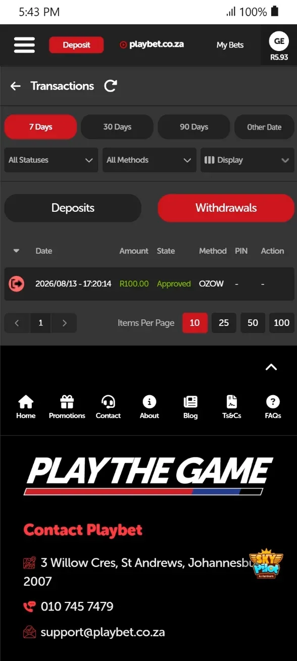 Playbet withdrawal history screeenshot showing R100 Ozow payout