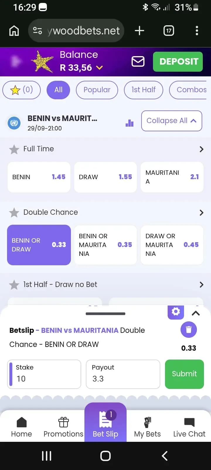 Screenshot of Benin vs Mauritania showing double chance 1X meaning  on Hollywoodbets