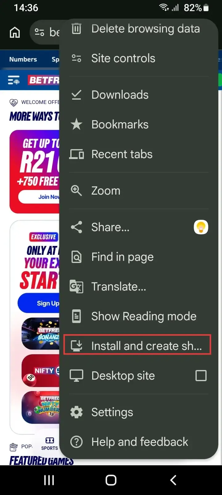 Betfred app download for android step 2 on chrome with "Install and create a shortcut" highlighted on the browser menu