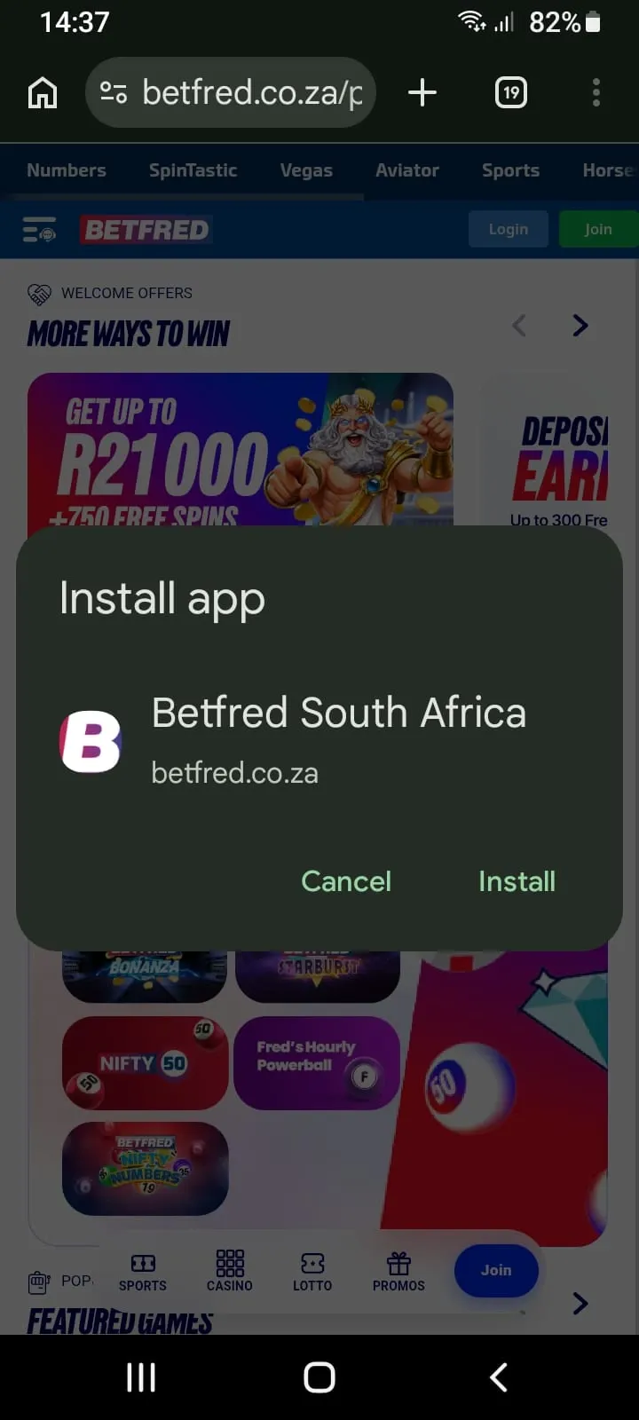 Betfred android PWA installation window.