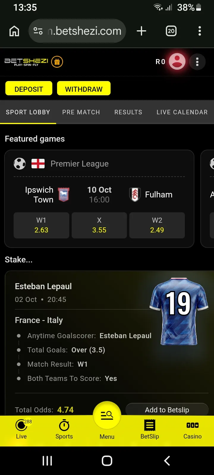 Betshezi sports betting page