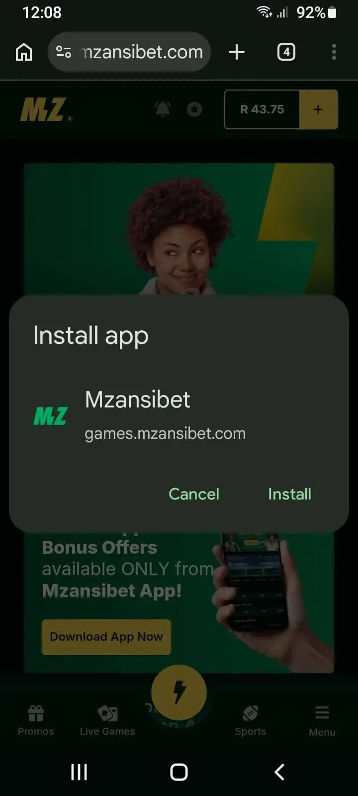 Mzansibet android Install pop-up.