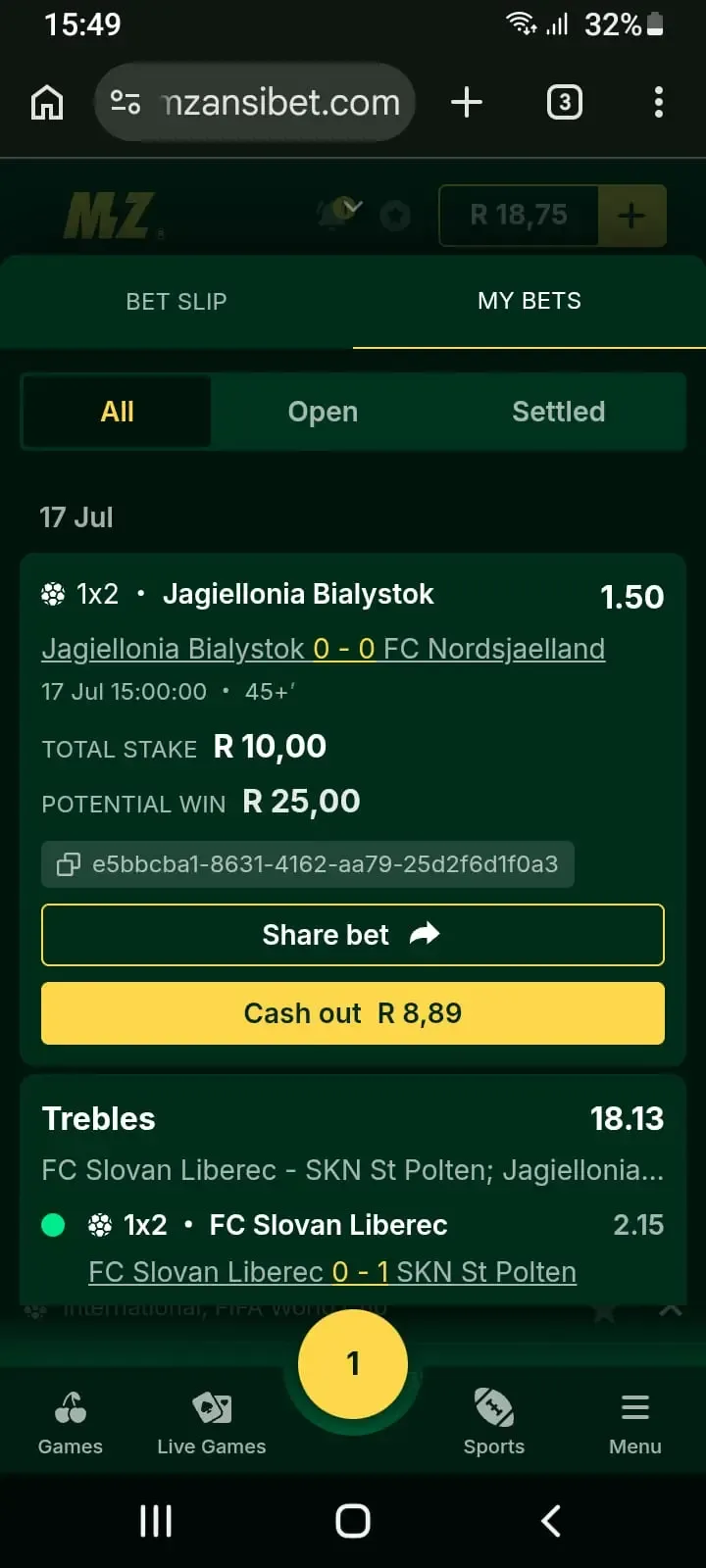 Mzansibet betslip showing R8.89 cashout for R10 wager and R25 potential winning