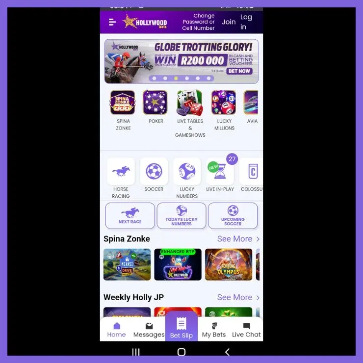 Hollywoodbets app homescreen and user interface.