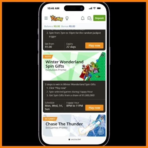 Yesplay Winter Wonderland promotional banner on mobile site offering R1 million cash prize pool in July 2026