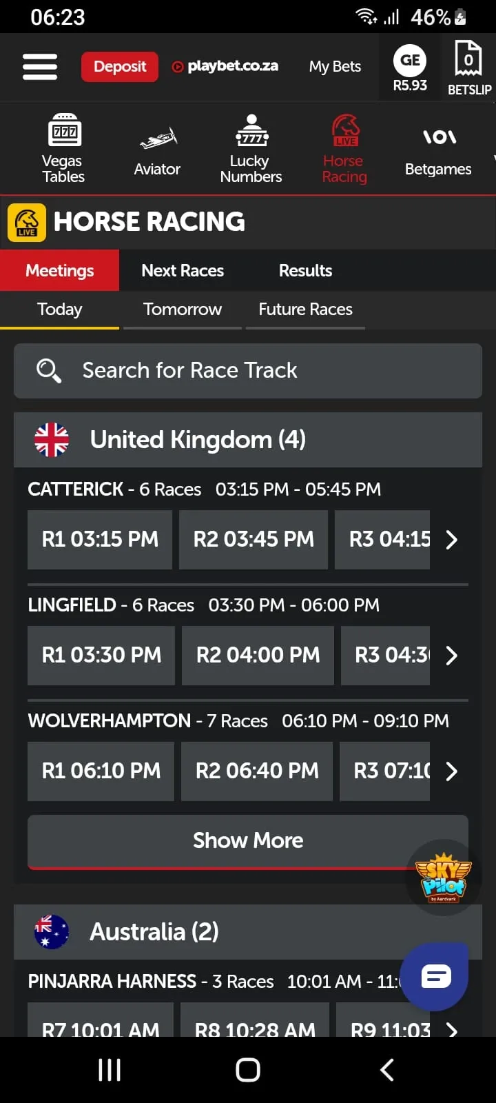 Playbet app Horse Racing race cards showing races from Catterick, Lingfield and Wolverhampton