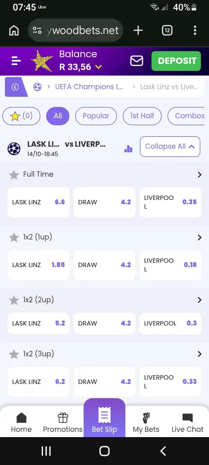 Net decimal betting odds explained with LASK Linz vs Liverpool FC, showing Liverpool at 0.35 on Hollywoodbets.