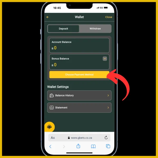 Red arrow pointing to Choose Payment Method button on the gbets official site.