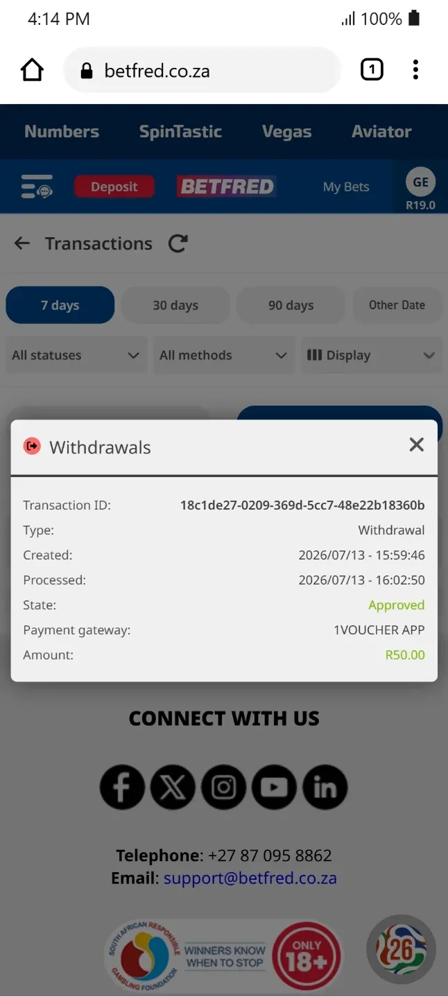 Betfred withdrawal confirmation showing an R50 payout request to 1Voucher.