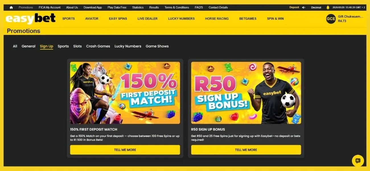 Easybet Sign Up tab in promotions page showing 150% First Deposit Match & R50 Sign Up Bouns with 25 Free Spins.