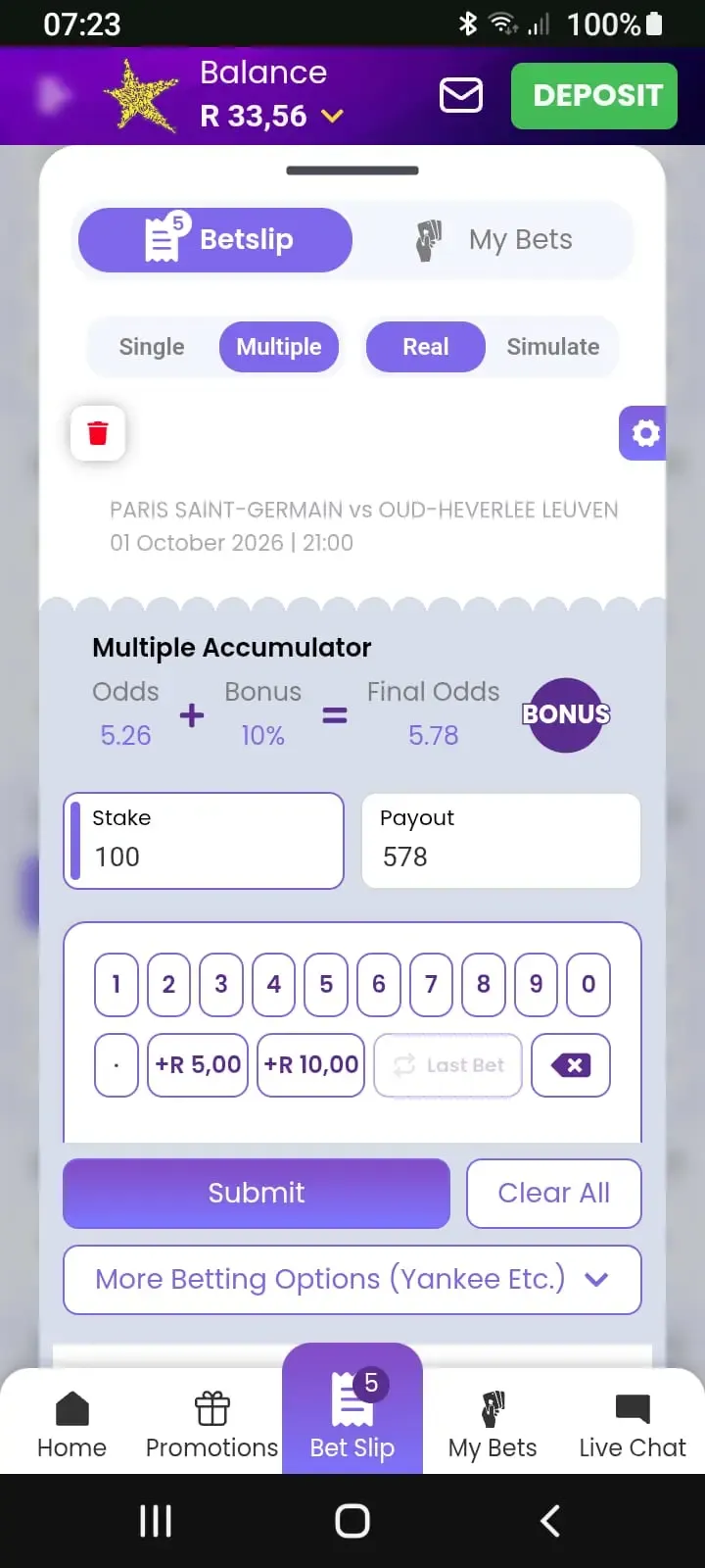 HWB multibet slip showing R100 stake with toatl odds od 5.78 giving us a total payout of R578