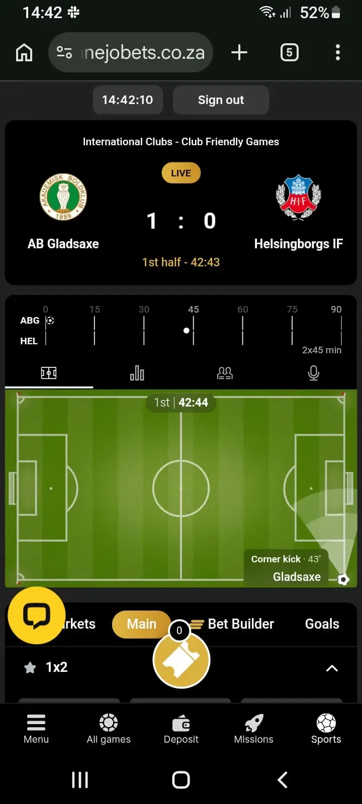 Live game between AB Gladsaxe and Helsingborgs IF with 3D match tracker on Wanejobets.