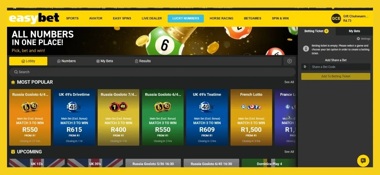 Easybet Lucky Numbers page