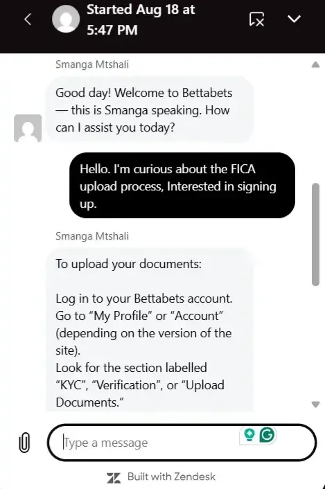 Bettabets live chat query about the FICA upload process with agent responding in minutes.