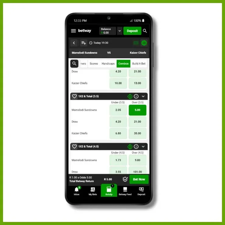 Screenshot showing 1&times;2 and Overs/Unders Meaning according to Betway for Mamelodi Sundowns vs Kaizer Chiefs.