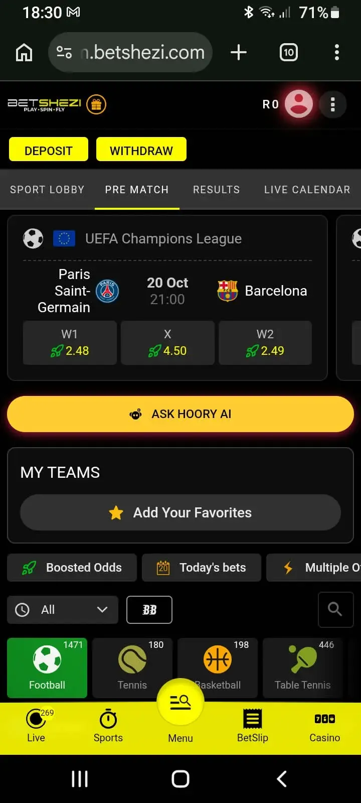 Betshezi mobile sportsbook featuring the Hoory AI sports betting assistant on new betting sites South Africa 2026