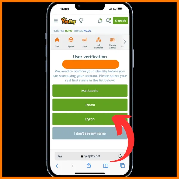 Verifying identity on Yesplay site. Red arrow pointing to correct selection between three with green buttons