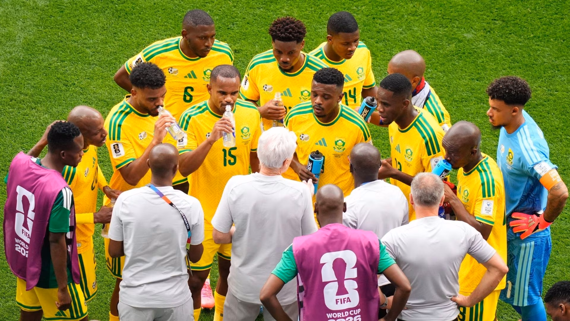 Bafana Bafana coach Hugo Broos instructs his players during their match against Mexico.