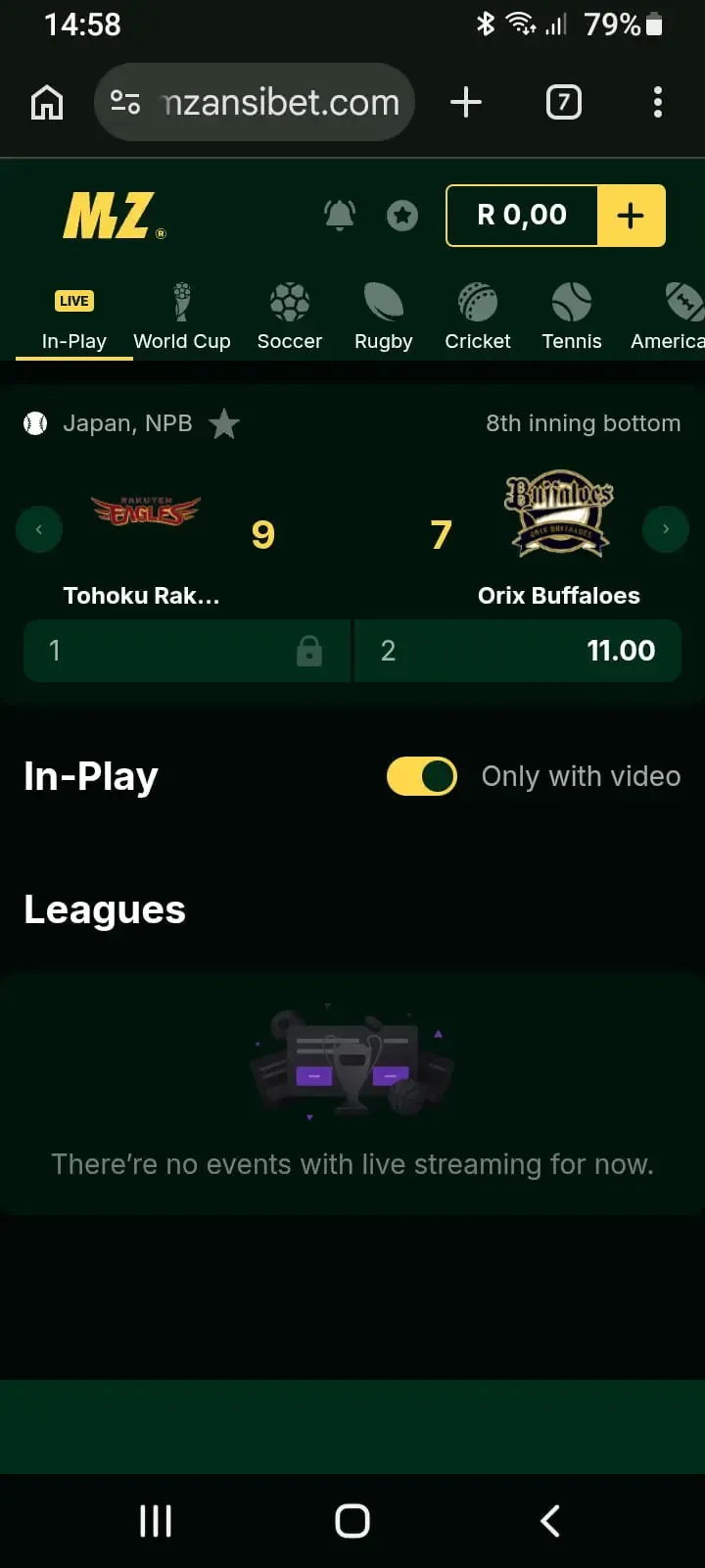 Screenshot of "Only with video" toggle of Mzansibet In-play section.