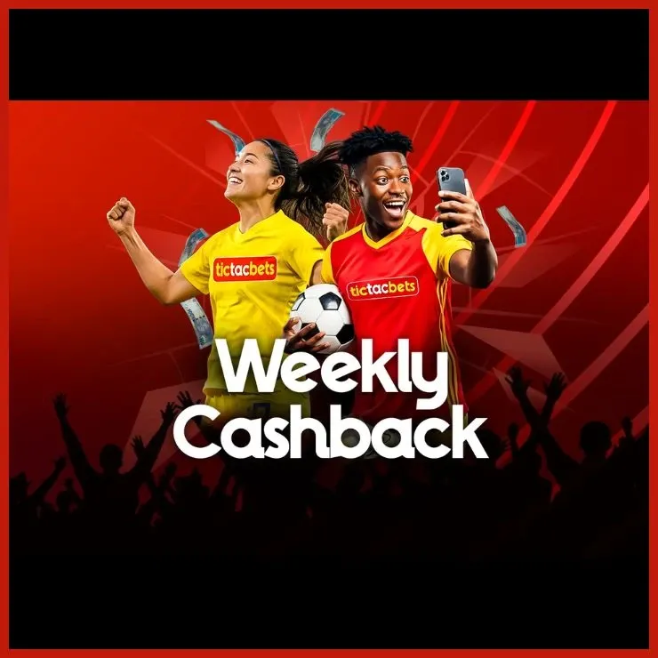 Promotional banner for Tic tac bets Weekly Cashback with a man and woman celebrating with a soccer ball and a phone.