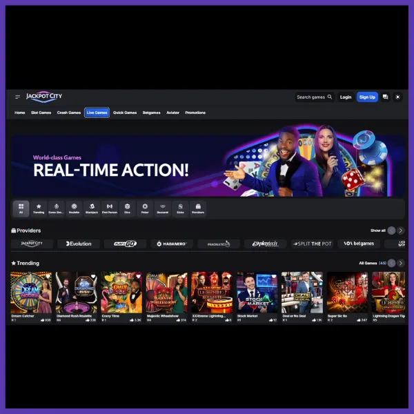 Jackpot City South Africa home page screen showing live casino games.