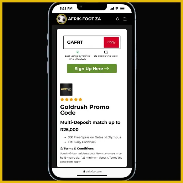 Goldrush promo code coupon on the Afrik-Foot site with a red arrow pointing to "Sign up Here" button.