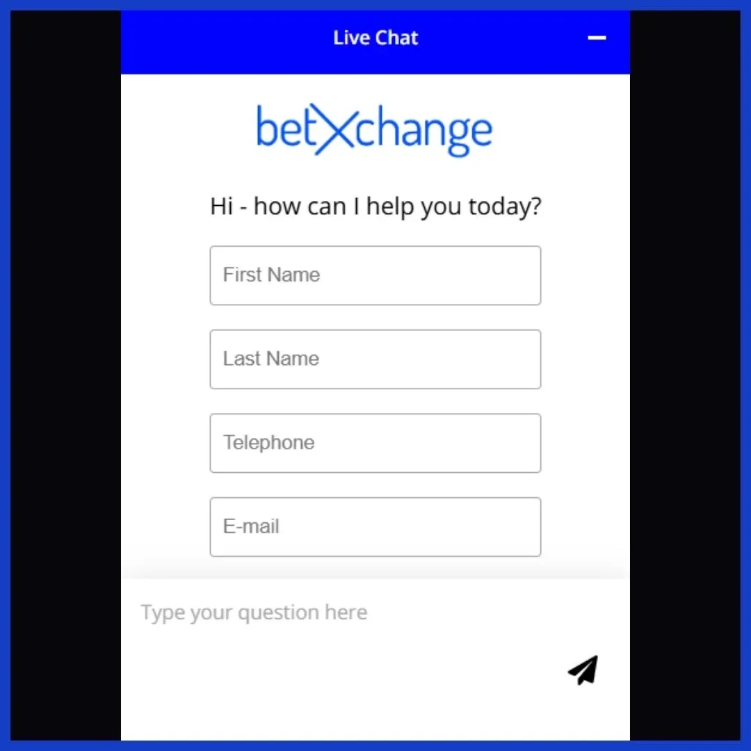 Betxchange Live Chat Test 1: Fields for First & Last Name, phone no and email