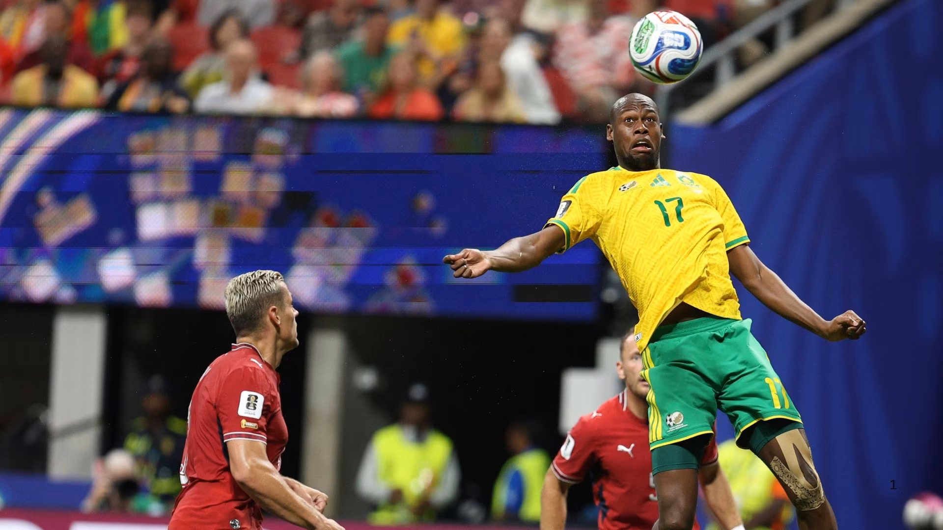 Evidence Makgopa wins an aerial ball against South Korea.