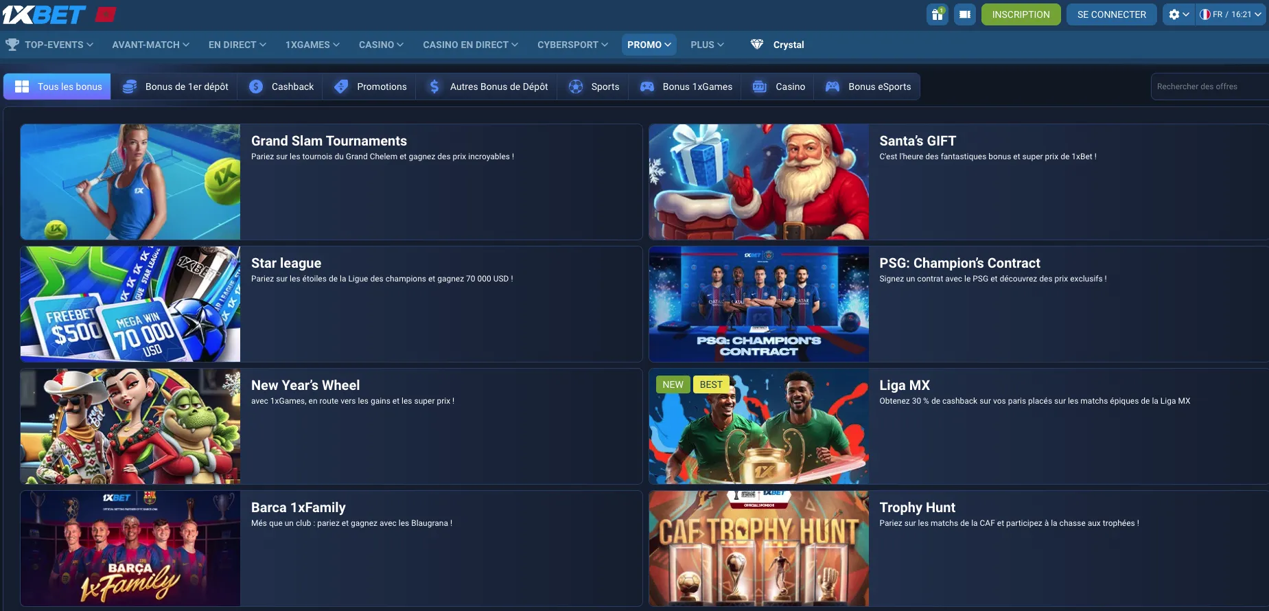 Interface 1xBet Maroc - promotions du moment