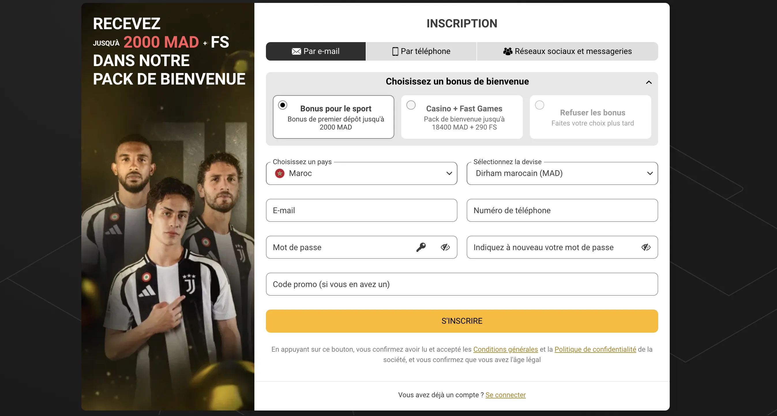 Formulaire d'inscription sur le site Melbet Maroc