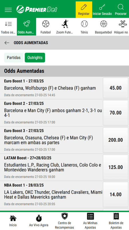 Odds aumentadas na Premier Bet
