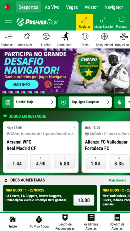 Página inicial da Premier Bet