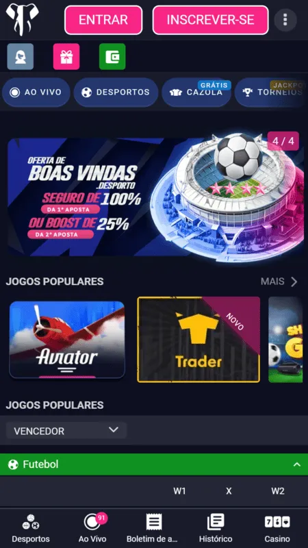 Tela inicial do Elephant Bet App