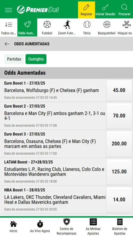 Odds aumentadas na Premier Bet