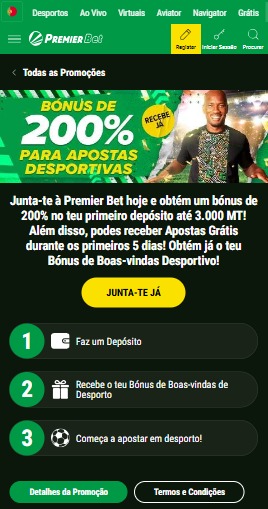 Banner da Premier Bet com bônus de 200% no primeiro depósito e Apostas Grátis por 5 dias