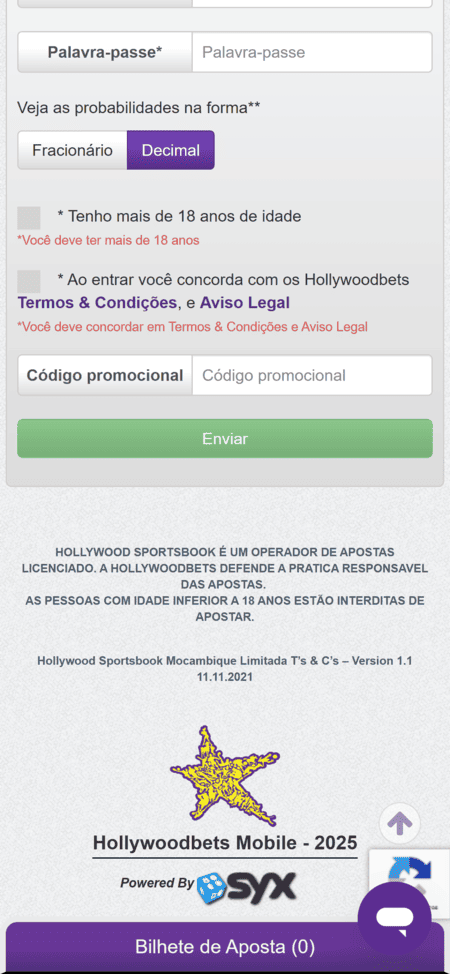 Código promocional na Hollywoodbet