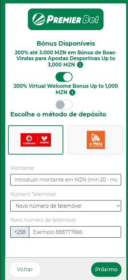 Detalhes sobre bónus de boas-vindas e métodos de depósito disponíveis na Premier Bet, incluindo valores mínimos.