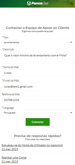 Formulário de contato para suporte ao cliente da Premier Bet, com opções para recuperação de senha e registo de conta.