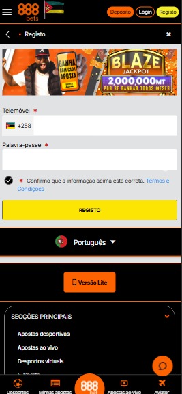 Formulário de registo na 888Bets