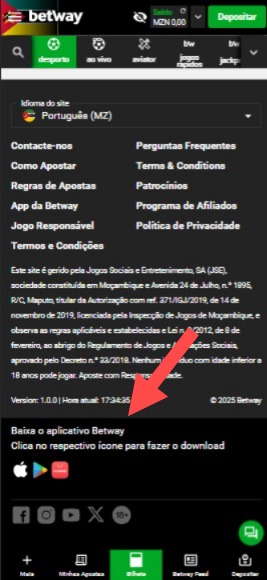 Link para download do app da Betway Moçambique no footer do site