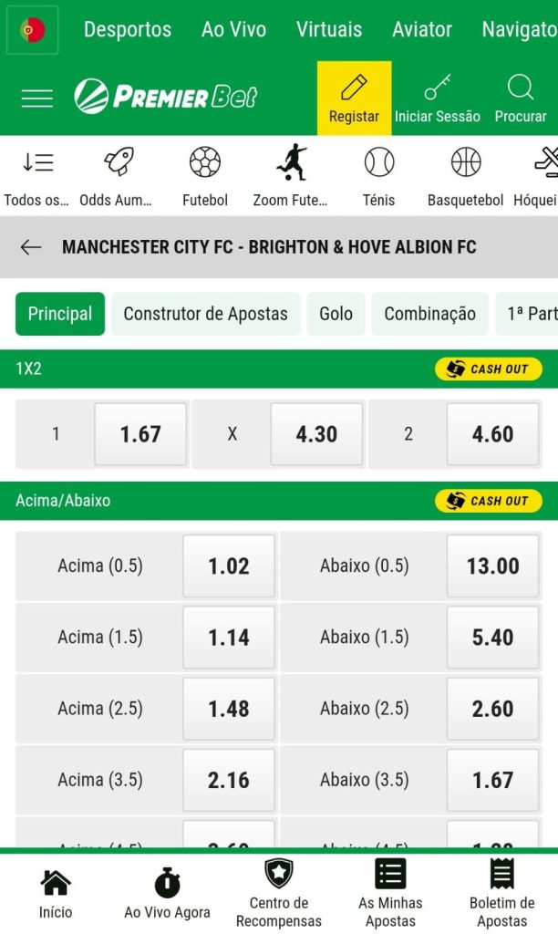Mercados de apostas em futebol da Premier Bet