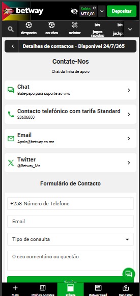 Opções de contato da Betway Moçambique
