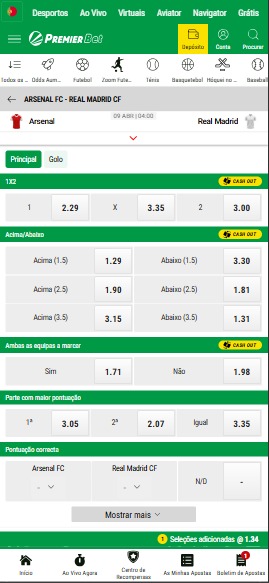 Página de odds de diferentes mercados para a partida entre Arsenal e Real Madrid, pela UEFA Champions League.