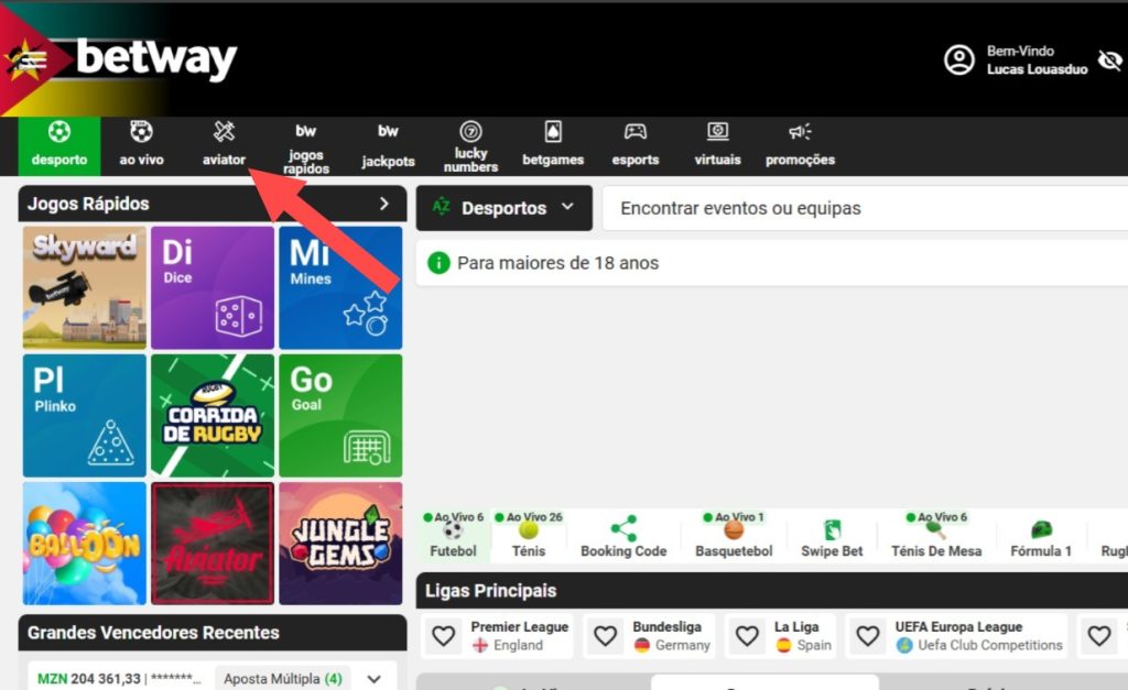 Página inicial da área de cassino da Betway em Moçambique