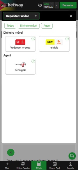 Página para escolher método de saque na Betway Moçambique
