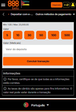 Sistema de depósito da 888Bets