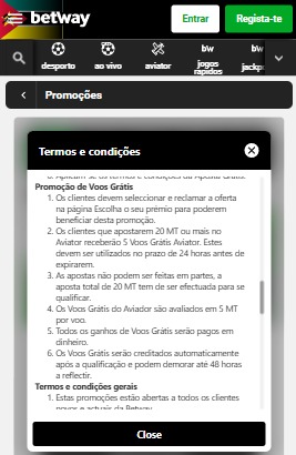 Termos e condições das promoções da Betway Moçambique